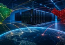 Brasil acelera infraestrutura de IA e amplia cooperação tecnológica com a China Ilustração de um centro de dados conectado digitalmente entre Brasil e China. Ilustração gerada por IA pela Agência Brasil China.