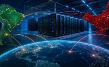 Brasil acelera infraestrutura de IA e amplia cooperação tecnológica com a China Ilustração de um centro de dados conectado digitalmente entre Brasil e China. Ilustração gerada por IA pela Agência Brasil China.