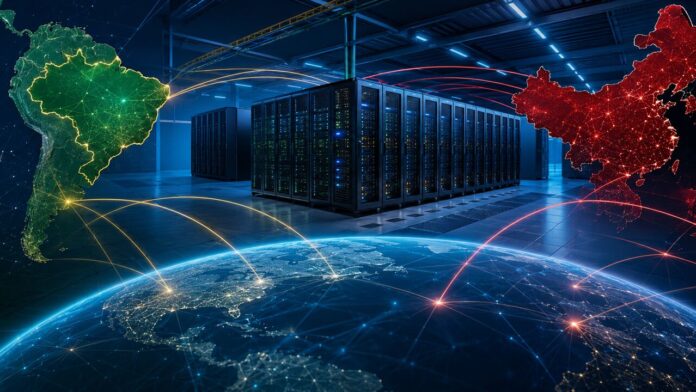 Brasil amplia infraestrutura de IA e supercomputação Ilustração de um centro de dados conectado digitalmente entre Brasil e China. Ilustração gerada por IA pela Agência Brasil China.