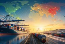 Brasil leva carteira de portos e aeroportos à China em busca de novos investimentos Ilustração conceitual de portos, ferrovias e aeroportos conectando Brasil e China