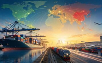 Brasil leva carteira de portos e aeroportos à China em busca de novos investimentos Ilustração conceitual de portos, ferrovias e aeroportos conectando Brasil e China