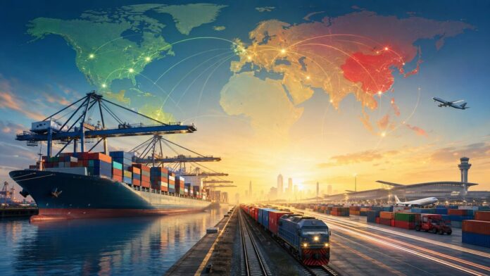 Ilustração conceitual de portos, ferrovias e aeroportos conectando Brasil e China