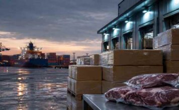 Após esgotar cota chinesa, exportação de carne bovina do Brasil cai 26%: quem absorverá o excedente? Ilustração gerada por IA mostra caixas de carne bovina embaladas em terminal portuário, com navio cargueiro ao fundo.