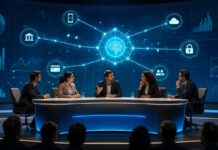 Febraban Tech 2026 coloca agentes de IA e cibersegurança no centro dos bancos Ilustração gerada por IA de líderes do setor bancário debatendo agentes inteligentes, segurança digital e inovação financeira