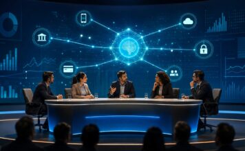 Febraban Tech 2026 coloca agentes de IA e cibersegurança no centro dos bancos Ilustração gerada por IA de líderes do setor bancário debatendo agentes inteligentes, segurança digital e inovação financeira