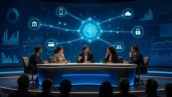 Ilustração gerada por IA de líderes do setor bancário debatendo agentes inteligentes, segurança digital e inovação financeira