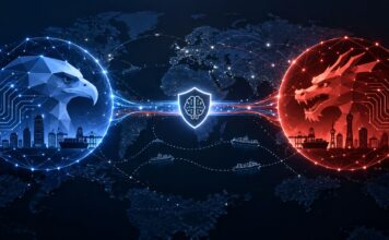 EUA e China abrem diálogo sobre riscos de IA e avançam em canal para comércio Ilustração editorial sobre o diálogo entre Estados Unidos e China em inteligência artificial e comércio