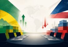 Brasil e Estados Unidos retomam negociação tarifária, mas primeira rodada termina sem acordo Ilustração editorial sobre negociação comercial entre Brasil e Estados Unidos