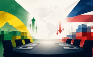 Brasil e Estados Unidos retomam negociação tarifária, mas primeira rodada termina sem acordo Ilustração editorial sobre negociação comercial entre Brasil e Estados Unidos
