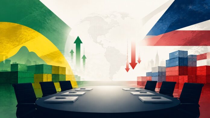 Ilustração editorial sobre negociação comercial entre Brasil e Estados Unidos
